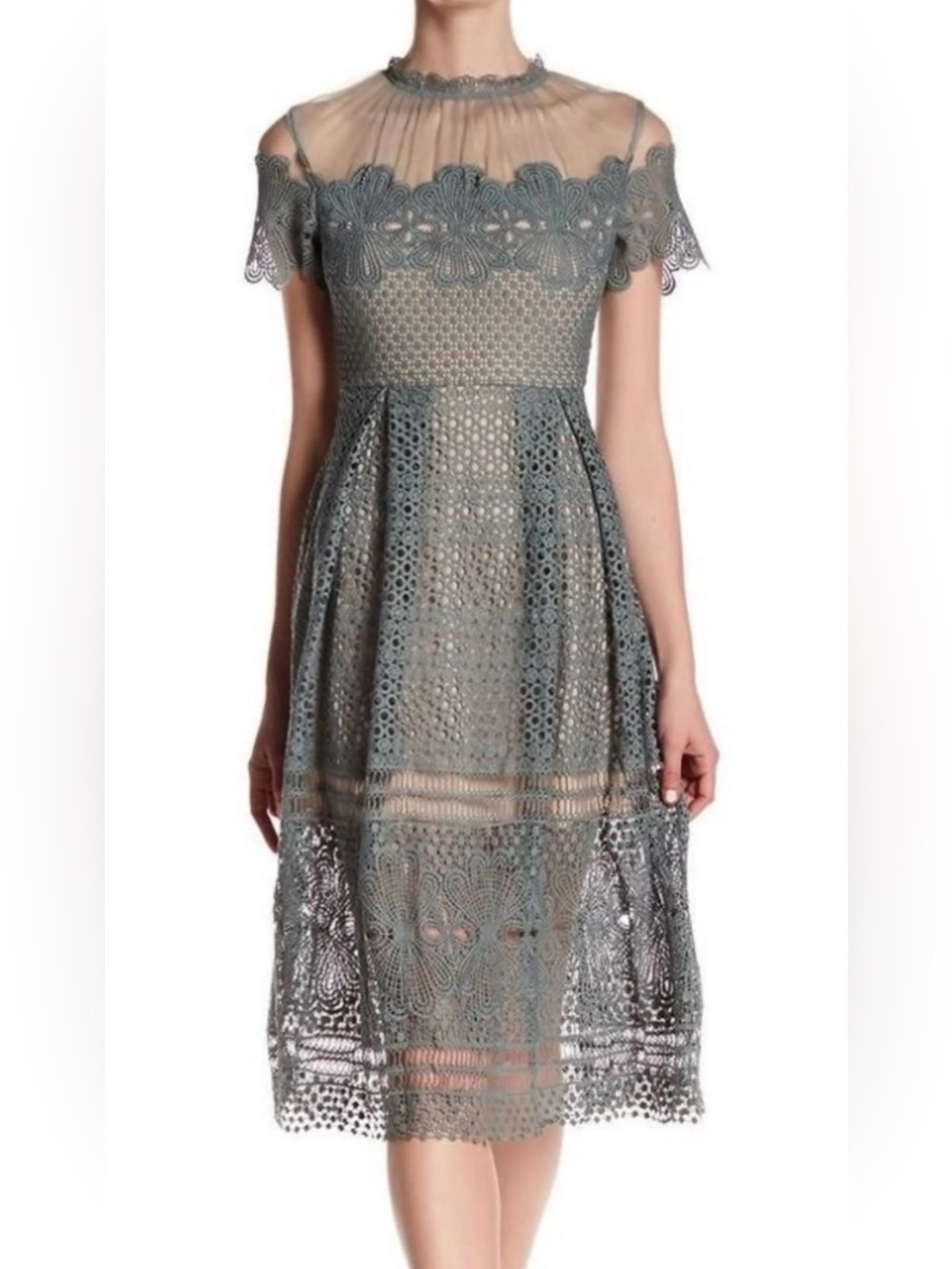 Romeo & Juliet Couture Dusty Blue Lace Midi Dress